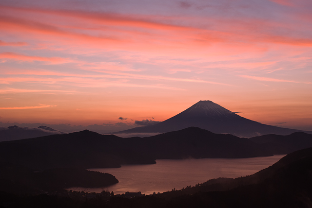 芦ノ湖と富士山の夕焼け